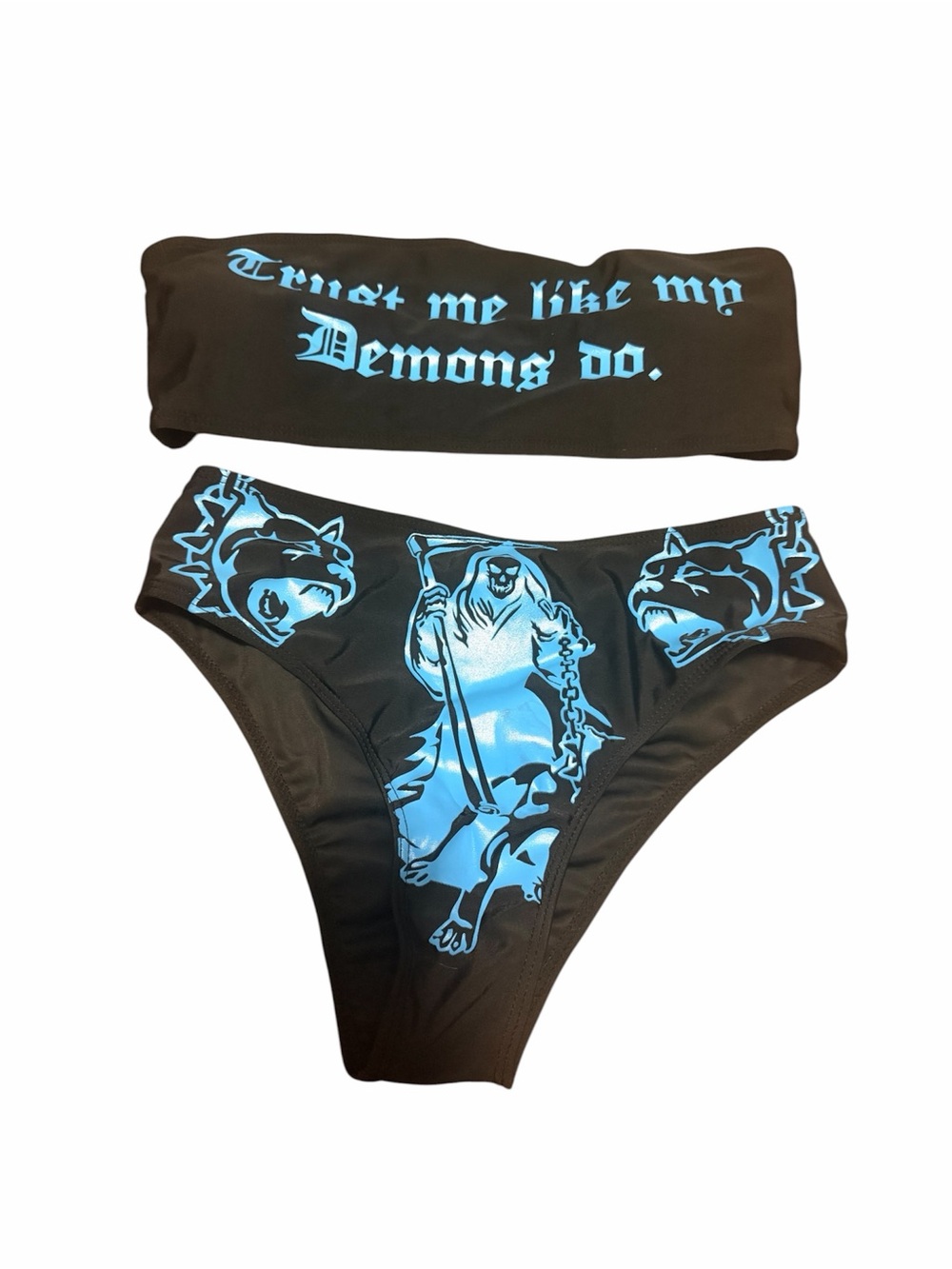Black & Blue Graphic Bandeau Bikini Set - Women Swim